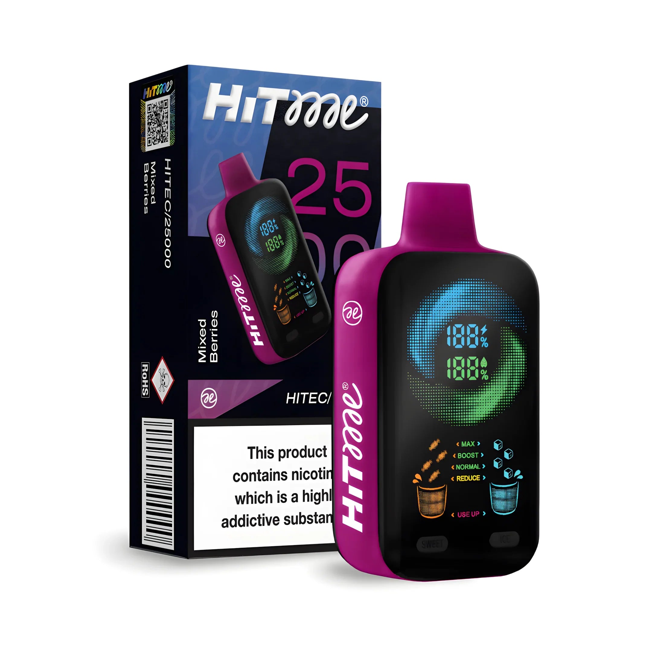 HITME HITEC 25000 – disposable vape with curved display, adjustable Ice & sweetness, up to 25,000 puffs (18+)