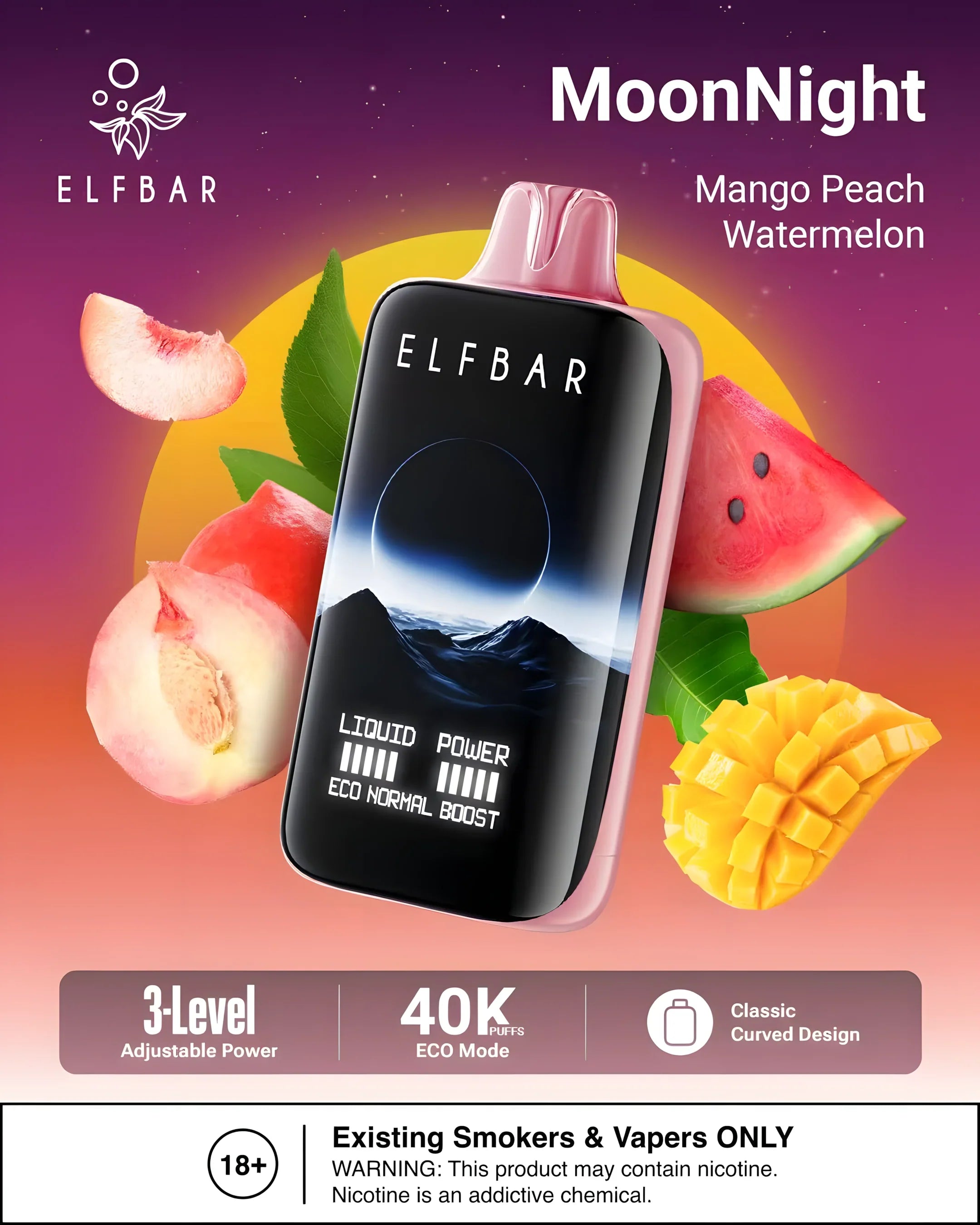 ELF BAR Moon Night 40000 – 40,000 puffs, 25W power levels, dual mesh coil, Type-C rechargeable (18+)