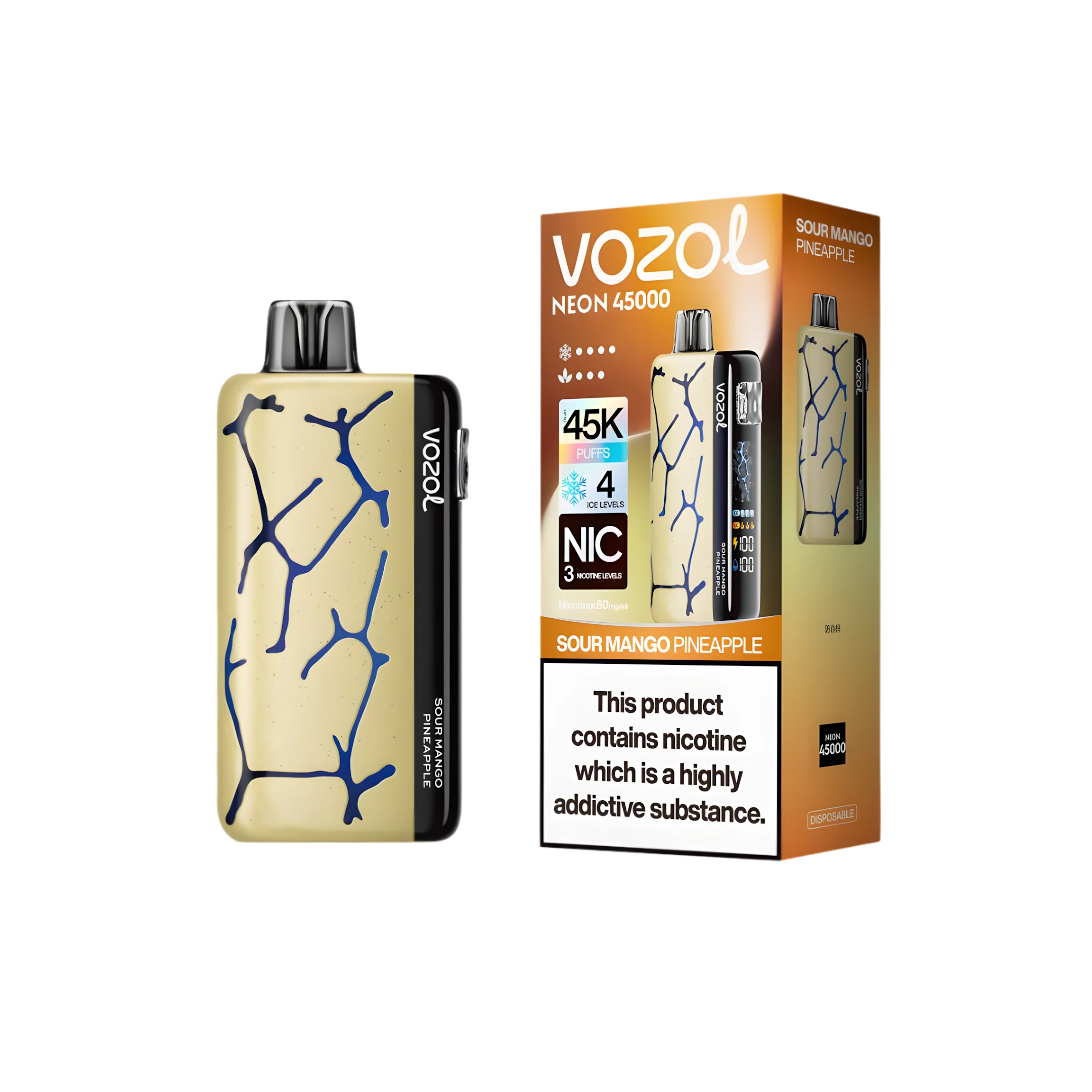 VOZOL NEON 45000 – up to 45,000 puffs, 4-level cooling, 800 mAh, mesh coil, 26 flavors, Type-C rechargeable 